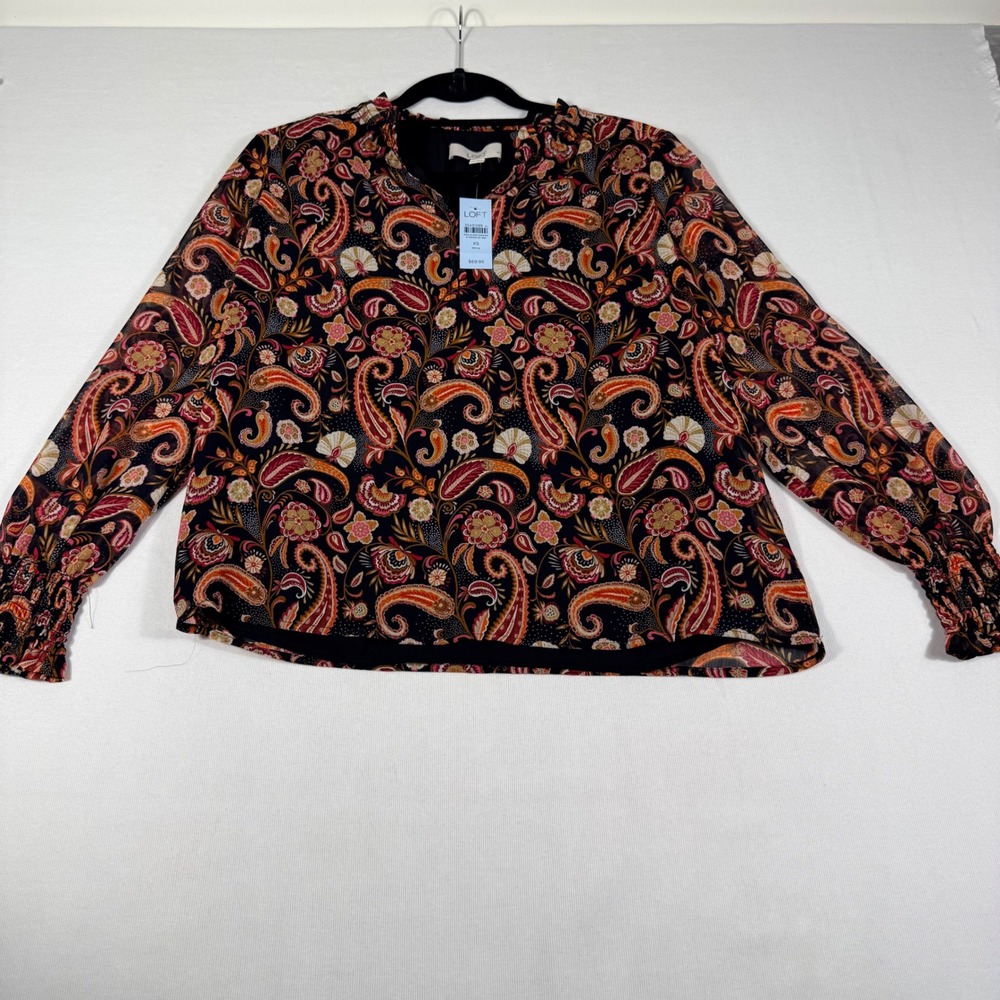 LOFT Blouse XSP Black Brown Paisley Floral Smock Cuff Lined Chiffon Autumn Fall